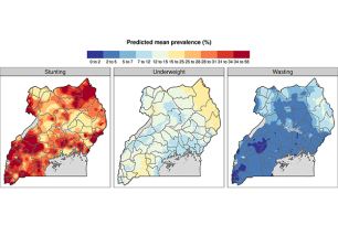 Three maps showing the spatial variation of the prevalence of undernutrition among children under the age of five in Uganda