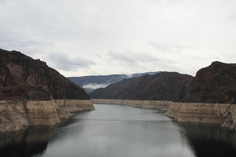 White line, or "bathtub ring" left behind by falling water levels at Lake Mead on the Colorado River 