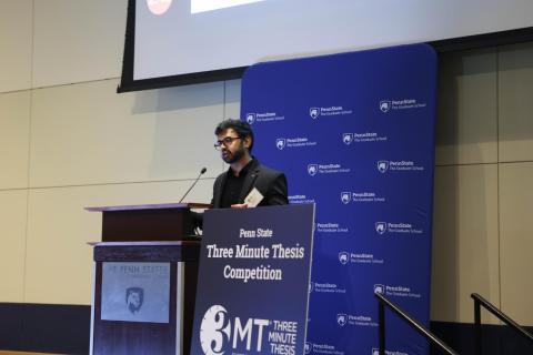 Aditya Sapre, a doctoral student studying chemical engineering, participates in the 2024 Three Minute Thesis competition. Sapre would go on to take home first place at the Penn State competition last spring