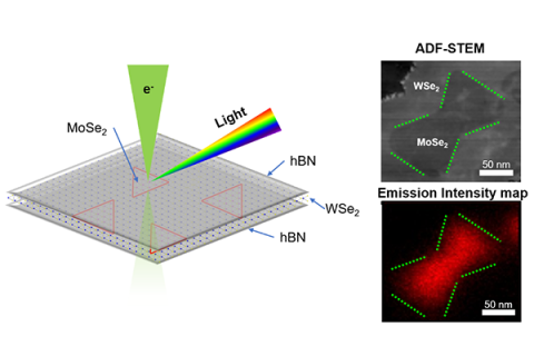 On the left is an illustration of the experimental setup from this study. Molybdenum diselenide nanodots, represented by red triangles, are embedded in tungsten diselenide and encapsulated by hexagonal boron nitride (hBN) on top and bottom. A focused electron beam, shown in green, in a scanning transmission electron microscope (STEM) is aimed at the structure. The emitted light is collected to generate an intensity map. On the upper right is a dark-field STEM image of the molybdenum diselenide nanodot embed