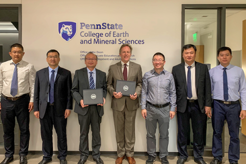 A delegation from the Shandong University of Science and Technology with Lee Kump, John Leone Dean in the College of Earth and Mineral Sciences at Penn State, and Shimin Liu, the George H., Jr. and Anne B. Deike Chair in Mining Engineering and professor of energy and mineral engineering.