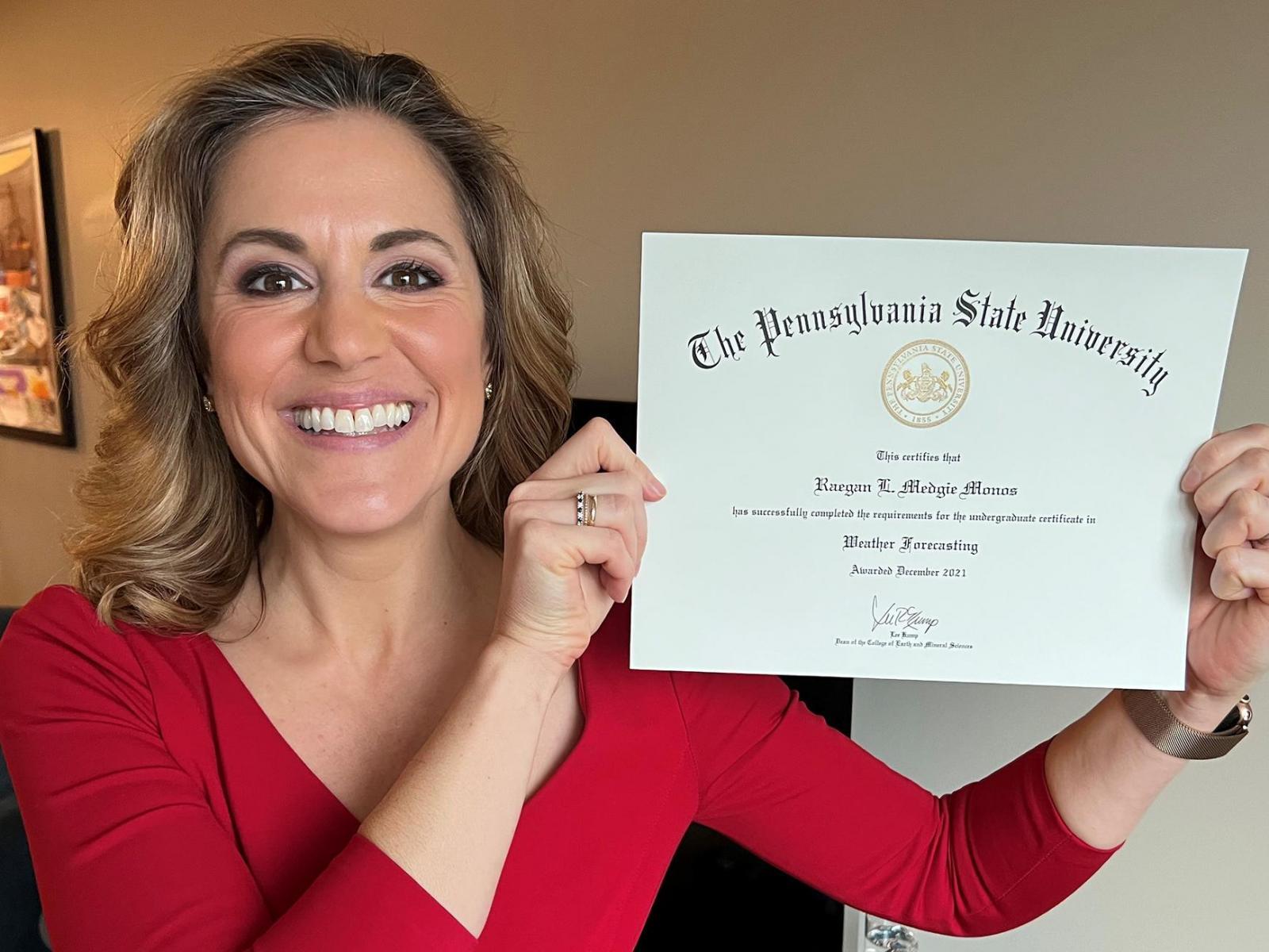 Raegan Medgie shows off her Weather Forecasting certificate